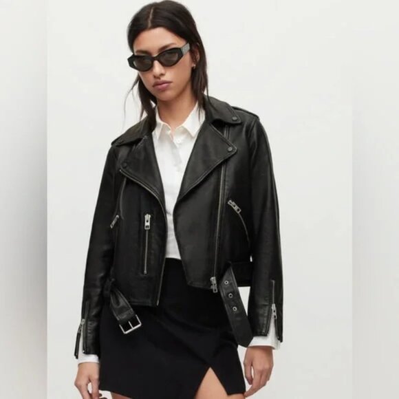 All Saints Jackets & Blazers - AllSaints Balfern Black Biker Cropped Belted Leather Jacket $528 New Sz 6